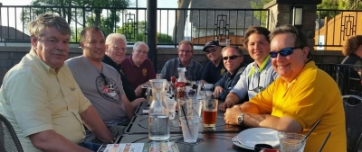 CE2LR Dinner May 2018 - Mathias, CE2LR was in Wisconsin so the GMDXA hosted a dinner for him. L-R : Gary W9XT, Rudy NF9V, Jerry N9AW, Noll W9RN, Bill W9LR, Al WB9BZW, Bob W9XY, Mathias CE2LR, Gary K9GS. CE2LR was a contestant at tthe 2018 WRTC event. Photo by W9XY